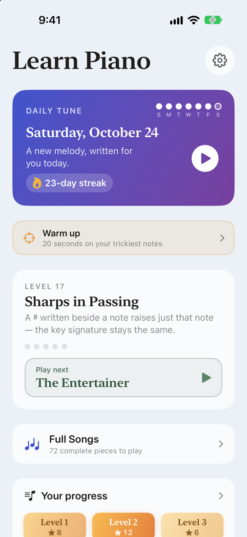 Learn Piano home screen with the daily tune, a 23-day streak and the current level
